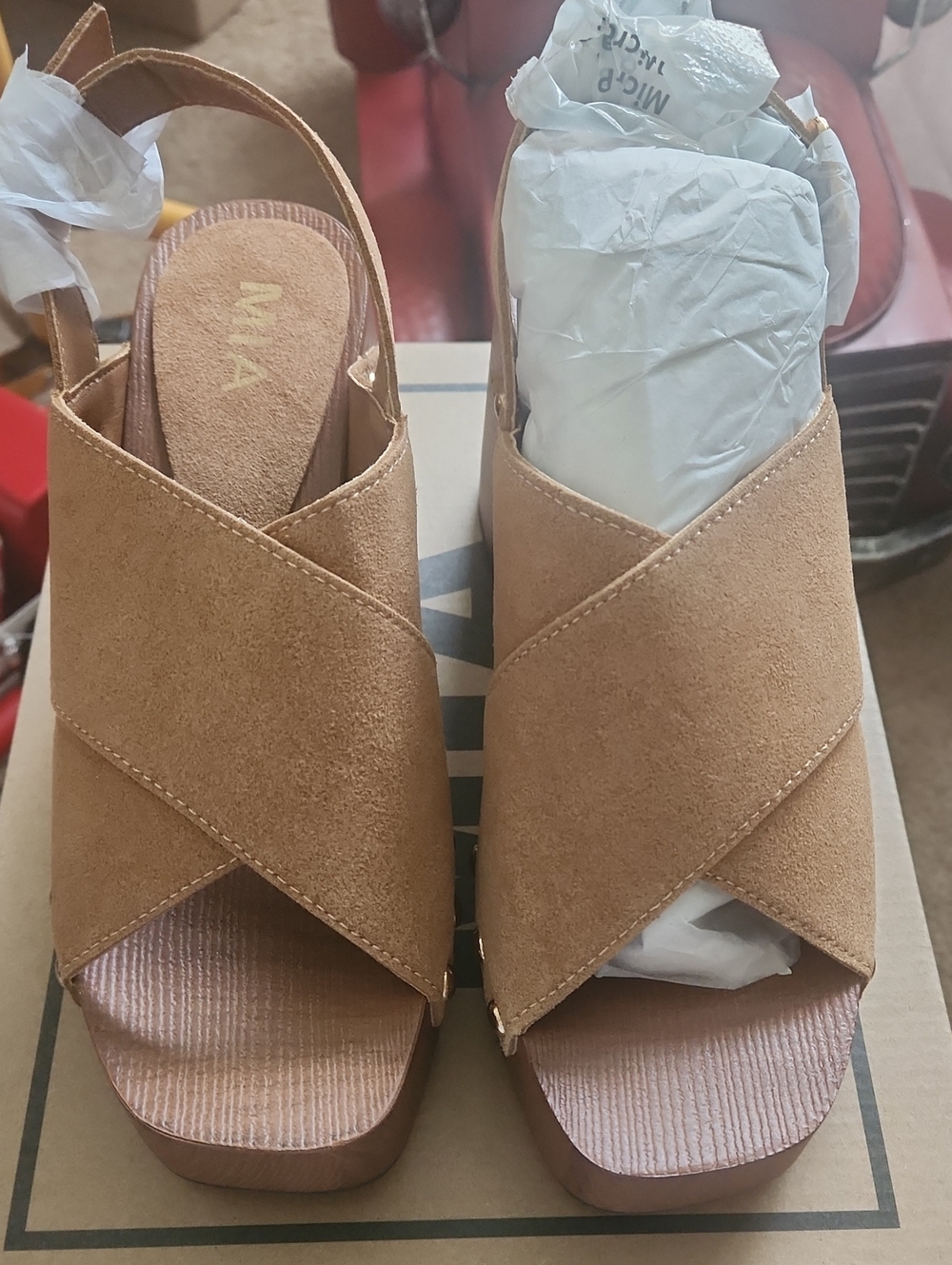 MIA Tan Crisscross Suede Slingback Platform Mules